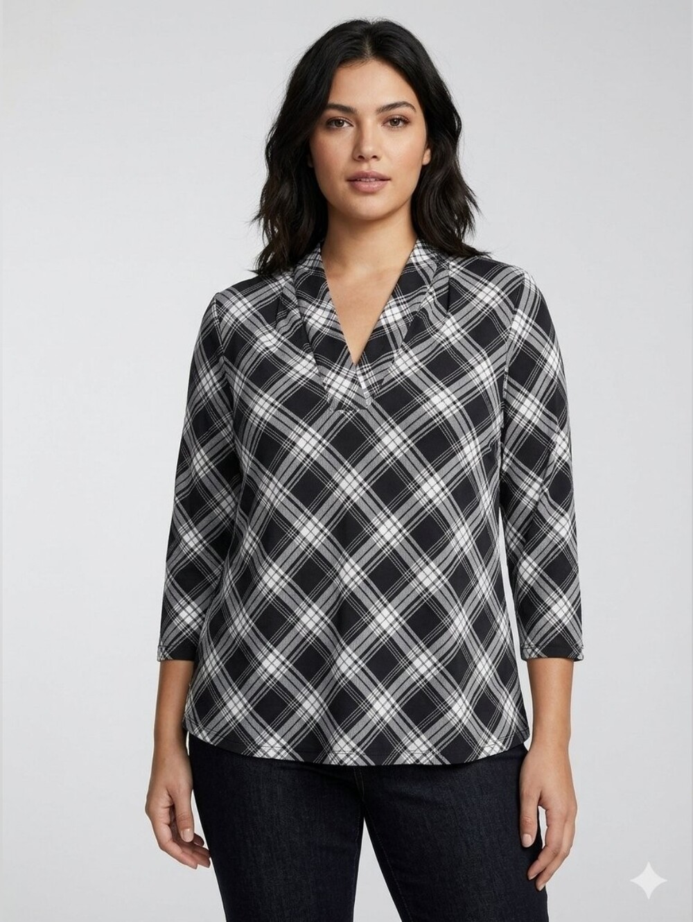 Charter Club Large Black and White Plaid V-Neck Tunic